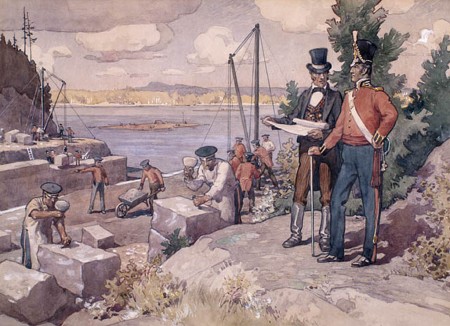 «Représentation du canal Rideau lors de sa construction. Le colonel By supervise les travaux.»