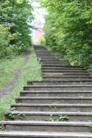 « Un escalier situé à l’arrière de l’école secondaire de l’Érablière permet d’accéder au sentier du marais de Touraine. »